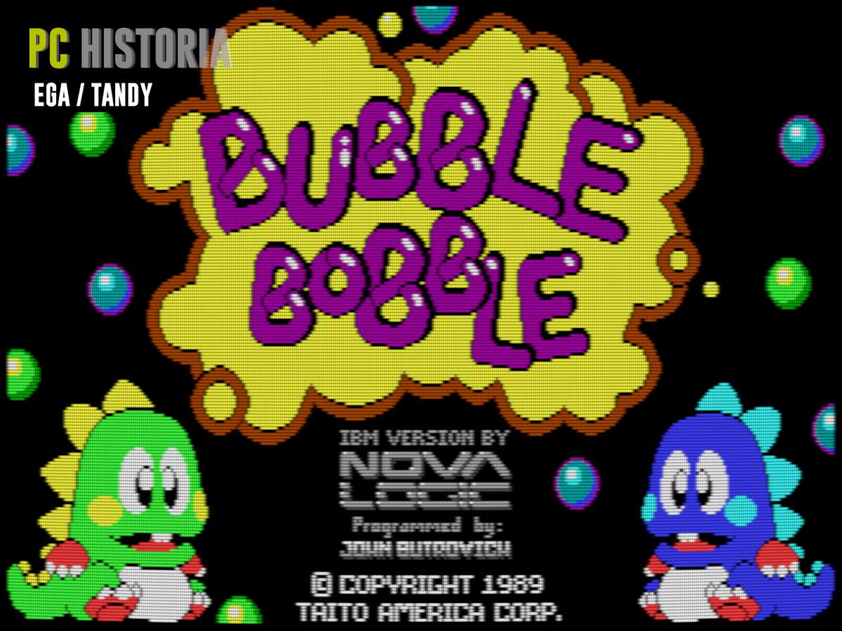 PC__Historia's tweet image. #Novalogic realizó un EXCELENTE port en 1989 para #IBM #PC y compatibles del #arcade de @TAITO #BubbleBobble de 1986. Soportaba #CGA, #EGA y #Tandy, tarjetas de sonido y hasta dos jugadores simultáneos. Y es que el arcade original ha cumplido 38 años! ∘˙○˚.•🎂∘˙○˚.•