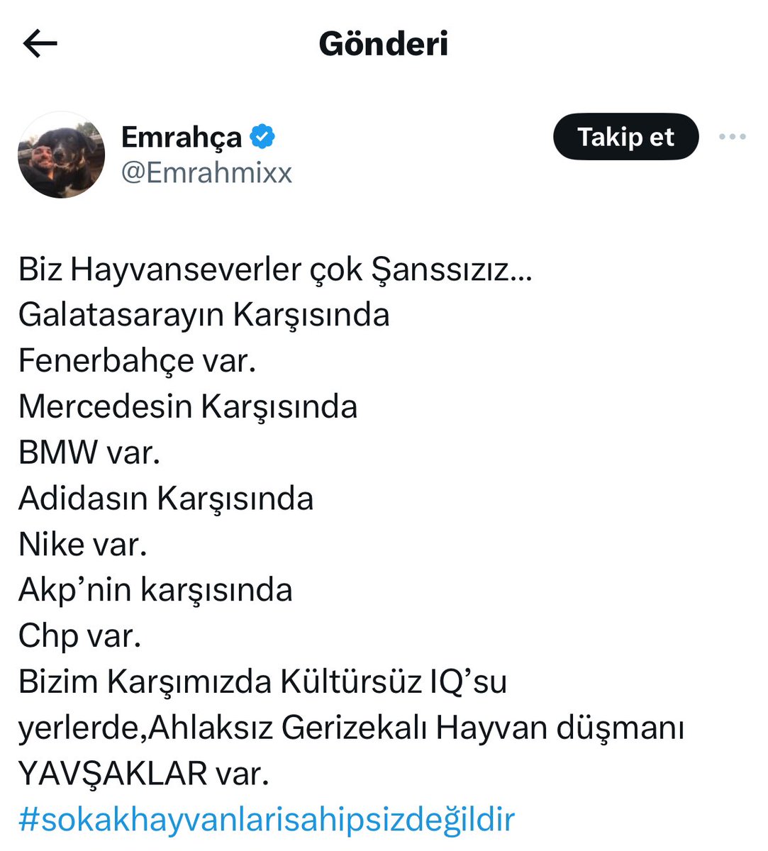 Yorumları açta cevabını al yavşak. Sokakta it olan ülkelerin IQ su ile olmayan ülkelerin IQ sunu karşılaştır. Senin gibi yavşaklar mamacılardan 3 kuruş avanta alacak diye sokakları itlere bırakmayacağız.#sokakhayvanlarisahipsizdeğildir