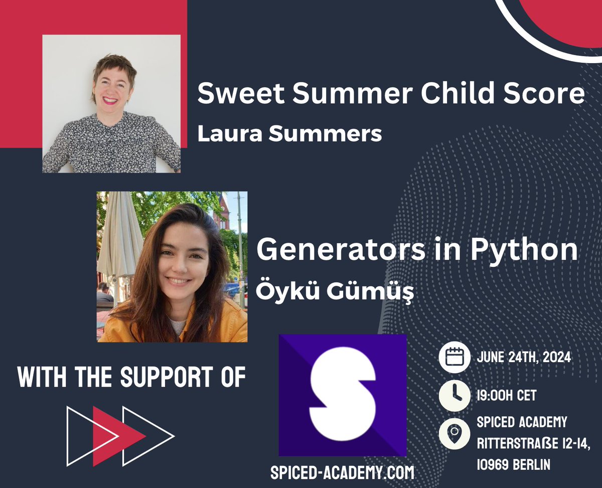 📣 🎉 We are happy to announce our member's talk evening on Monday!!
We will be at @spicedacademy, and will be listening from Laura Summers and Öykü Gümüş.
Come learn and share with us!!
Sign up to the event 👇
meetup.com/pyladies-berli…