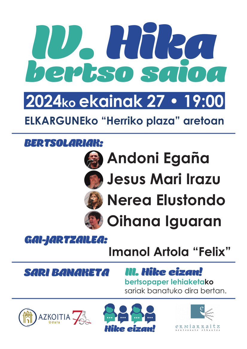 🎤 IV. Hike bertso-saioa eta 🏆 III. Hike eizan! bertsopaper lehiaketako sari-banaketa!
📆 ekainaren 27an
📍Elkargunean
🕐 19:00etan
<a href="/Hikeeizan/">Hike eizan!</a>