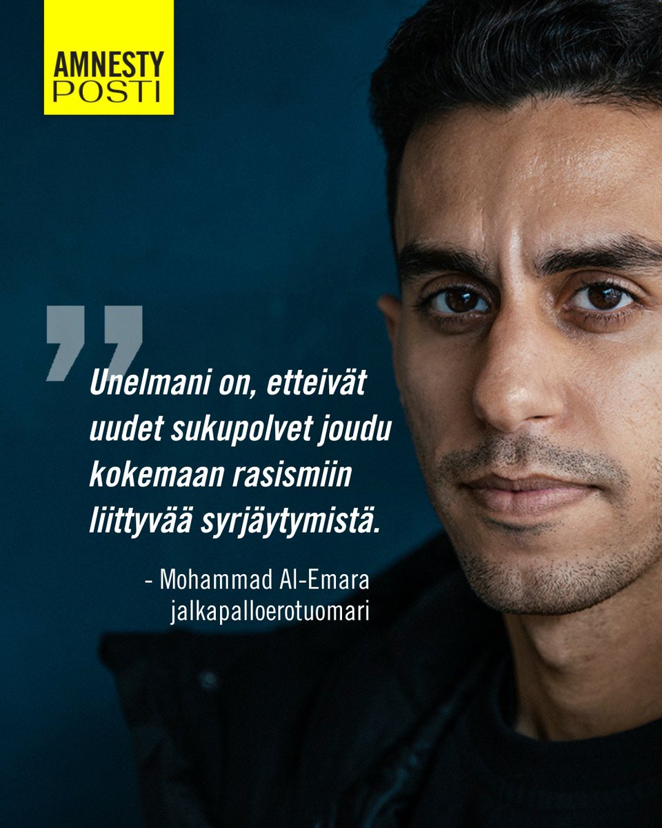 Maailman huipulle tähdätessään erotuomari <a href="/MoAlEmara/">Mohammad al-Emara</a> on laittanut itsensä likoon edistääkseen oikeudenmukaisuutta. Hän pyrkii osoittamaan työllään, ettei rasismi kuulu jalkapalloon – tai muuallekaan yhteiskuntaan.

Lue Al-Emaran haastattelu👇
amnesty.fi/viimeinen-vihe…