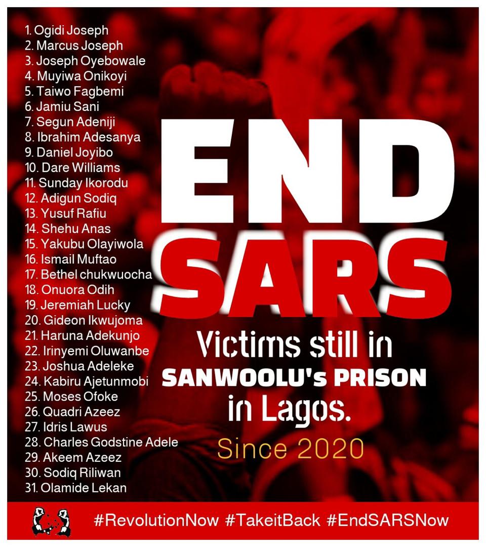 PrinceEmmyan's tweet photo. Names of END SARS Protesters still in prison. So, this Nigeria government still having our end SARS protesters in prison? https://t.co/X4KOWfcXv0