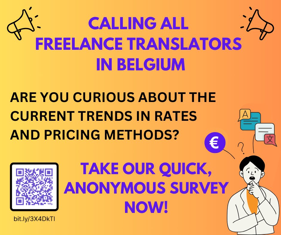 🚨 🇧🇪 Calling all #freelance #translators in Belgium! 🇧🇪🚨

We’re conducting an online survey to gather insights on #rates, #pricing methods, and income-related #satisfaction and we need your input! 

💻Take a few minutes to share your thoughts!🙏

🔗 bit.ly/3X4DkTl