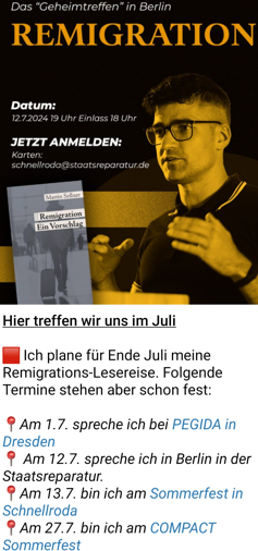IbDoku's tweet photo. Aufgrund des gekippten Einreiseverbots für den Identitären-Führer Martin #Sellner, reist dieser in den kommenden Wochen wieder durch Deutschland, um für seine Verrtreibungspläne zu werben:
1.7. #Dresden
12.7. #Berlin
13.7. #Schnellroda
27.7. #Nöbeditz
Dem Protest viel Kraft! https://t.co/HojzSBKPNA