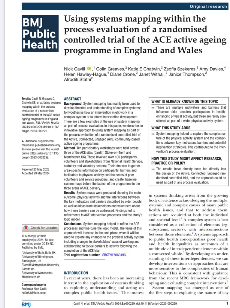 AfroditiStathi's tweet image. New publication: Innovative use of systems mapping process in the @NIHRresearch funded multi-site Active, Connected, Engaged [ACE] trial. 

Understanding the complexities of systems in different cities is key for tailoring active ageing programmes.

bmjpublichealth.bmj.com/content/2/1/e0…