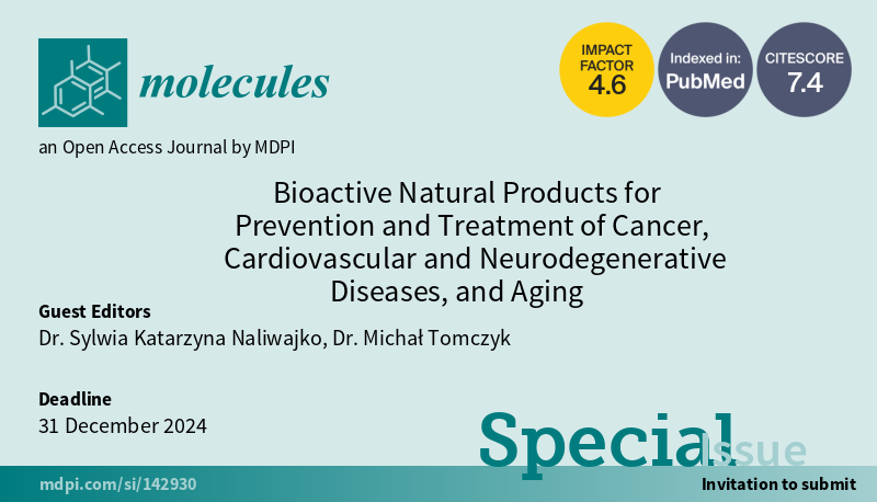 Molecules_MDPI's tweet photo. 📢Call for Submissions: "Bioactive Natural Products for Prevention and Treatment of Cancer, Cardiovascular and Neurodegenerative Diseases, and Aging"
✏️Guest Edited by Dr. S. K. Naliwajko and Dr. M. Tomczyk
🔗https://t.co/u8OGMWuYfR
#bioactive #medicinal #anticancer #anti_aging https://t.co/oAiqPiCYZ5
