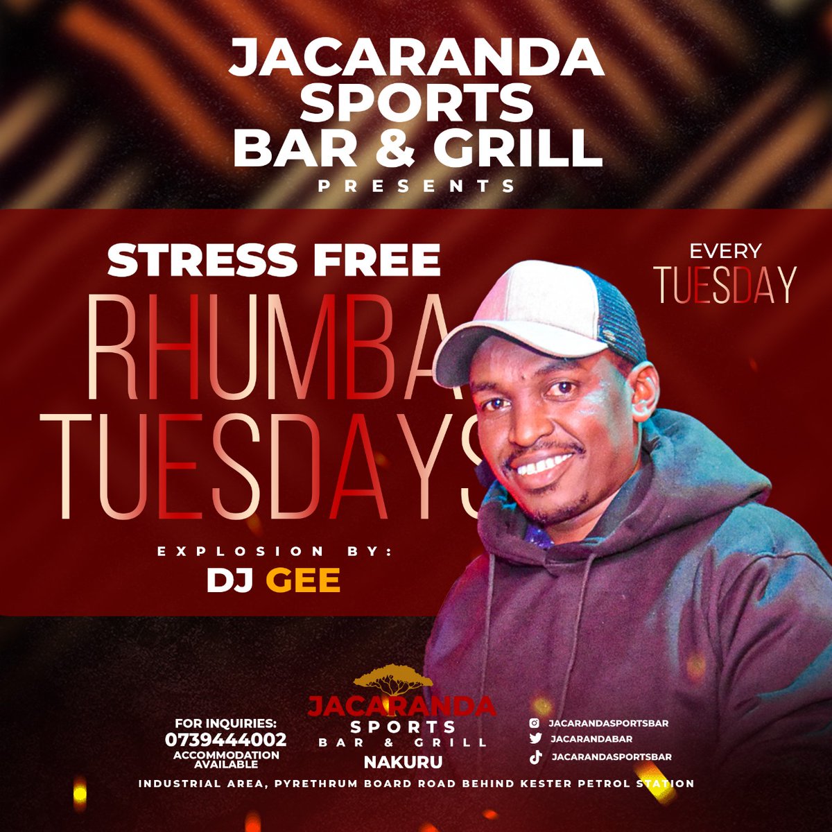 JacarandaBar's tweet photo. RHUMBA TUESDAYS
Join us every Tuesday for a Stress-Free music explosion with DJ GEEY, ensuring a vibrant atmosphere and a perfect midweek escape.
#rhumba #tuesdays #djgee #stressfree https://t.co/e02jbzVCrl