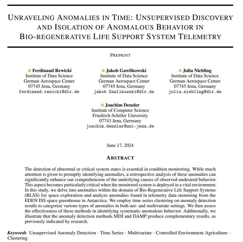 We are happy to share, that our paper on Discovery and Isolation of #AnomalousBehavior in Bio-regenerative #LifeSupportSystem Telemetry got accepted <a href="/ECMLPKDD/">ECML PKDD</a>.  Curious what this work is about? Check our #preprint at: bit.ly/3Rv7rQy