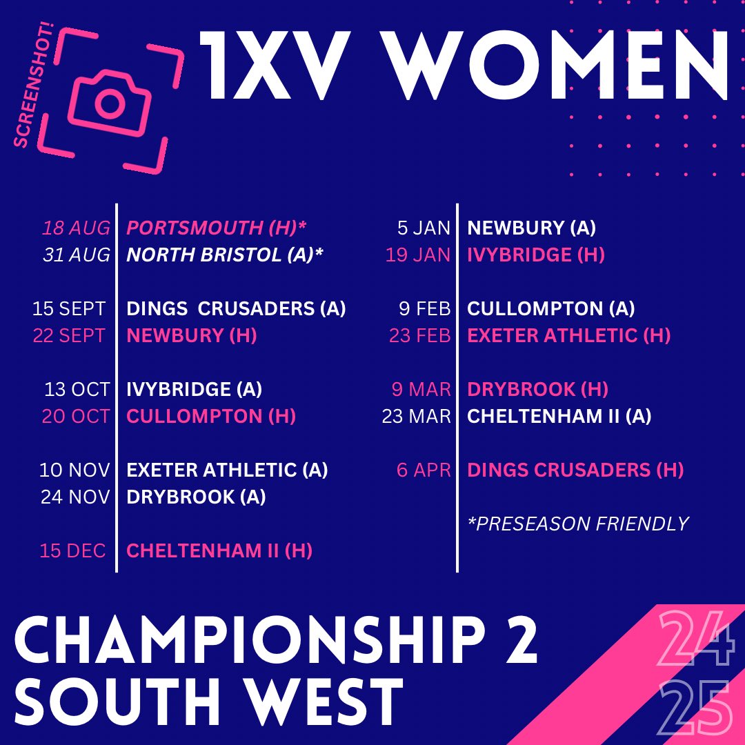 Abbey RFC Women (@abbeyrfcwomen) on Twitter photo Senior Womenβs 1XV 2024/25 fixtures are out π
Cup & 2XV Inner Warrior Series fixtures out soon - watch this space!
πΈ Donβt forget to screenshot and get the dates in your diary.
Which fixture are you most looking forward to?
#AbbeyRFC #rdguk
<a href="/BerksRFU/">Berkshire County RFU</a> Senior Womenβs 1XV 2024/25 fixtures are out π
Cup & 2XV Inner Warrior Series fixtures out soon - watch this space!
πΈ Donβt forget to screenshot and get the dates in your diary.
Which fixture are you most looking forward to?
#AbbeyRFC #rdguk
<a href="/BerksRFU/">Berkshire County RFU</a>