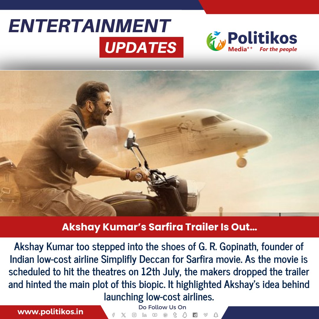 imwpolitikos's tweet photo. Akshay Kumar’s Sarfira Trailer Is Out…
#Politikos
#Politikosentertainment
#Sarfira
#akshaykumar
#RadhikkaMadan
#AntaraBanerjee
#NavedFarooqui
#TrailerIsOut
#UpcomingMovie https://t.co/rvqslSFARG