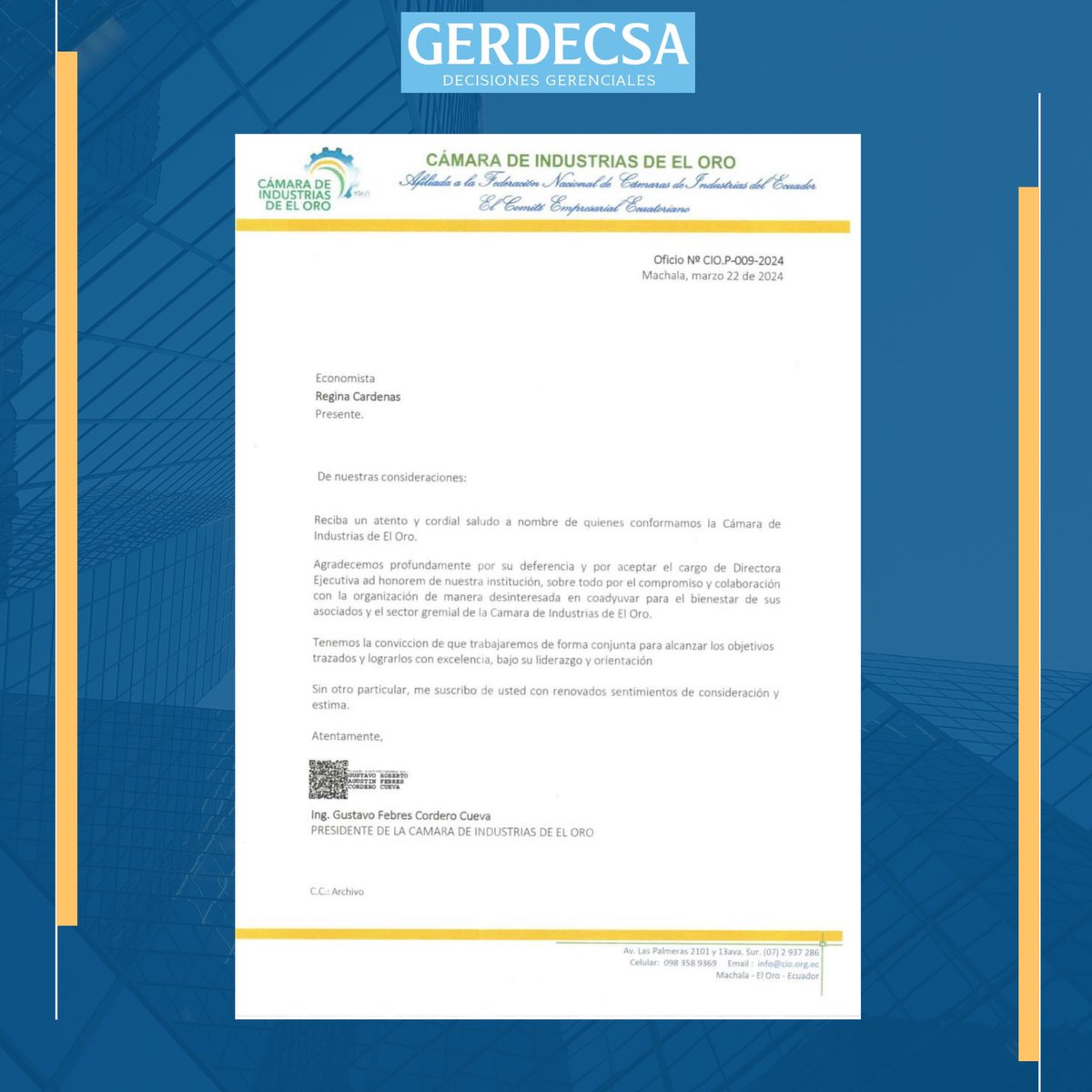 gerdecsaecuador's tweet photo. “Comienza haciendo lo que es necesario, después lo que es posible y de repente estarás haciendo lo imposible”. – Francisco de Asís

Felicidades a nuestra CEO, Econ. Regina Cárdenas por su nombramiento como Directora Ejecutiva de la Cámara de Industrias de El Oro. | @Recardenasl https://t.co/455B5NPOqY