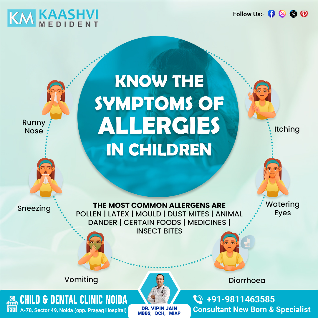 Protecting Little Ones: Recognizing Childhood Allergy Signs🌼🐾
Stay vigilant for symptoms like watery eyes, runny nose, swelling, vomiting, diarrhoea, &amp; itchy throat. Know the culprits: pollen, latex, mold, dust mites, pet dander, foods, medicines, insect bites.
#Kaashvimedident