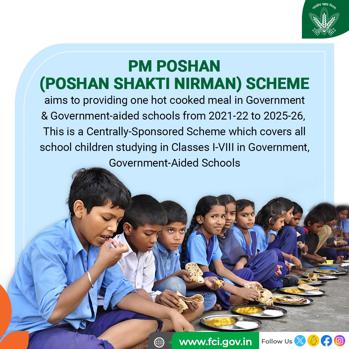 FCI_India's tweet image. Did You Know? 

The PM POSHAN scheme covers students from Pre-School to Upper Primary in government and local body-run schools. It aims to enhance enrollment, retention, and attendance while improving children&apos;s nutritional levels. 

#KnowYourScheme #PMPOSHAN