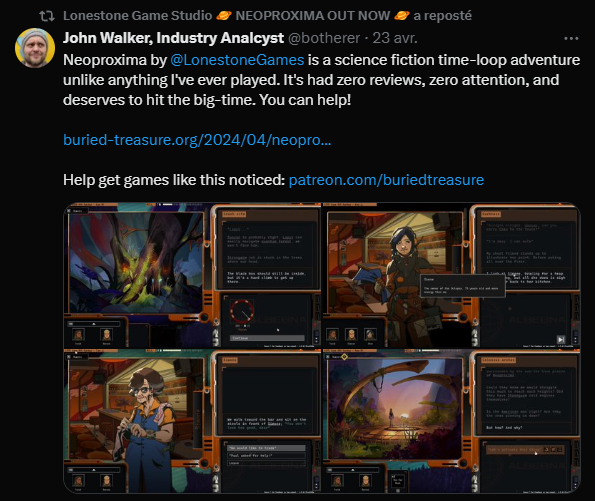 <a href="/UnityCodeMonkey/">Code Monkey</a> Hey ! We published Neoproxima recently and it could be an interesting study case. (High rating, low visibility)

links.lonestone.games/neo-t-steam
<a href="/LonestoneGames/">Lonestone Game Studio 🪐 NEOPROXIMA OUT NOW 🪐</a>