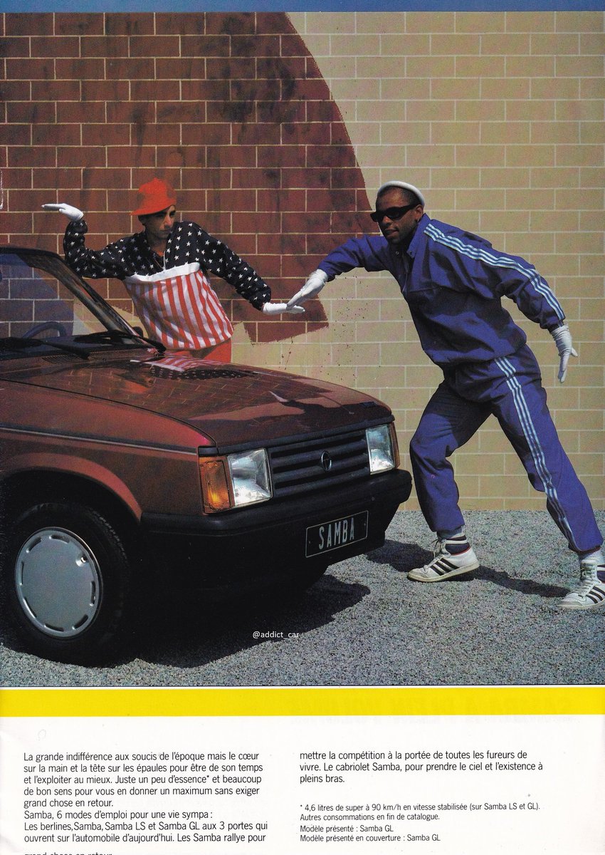 addict_car's tweet image. The fast-fading Talbot Samba was pictured with some different dance moves in this unlikely spread from its 1985 French brochure, featuring the mid-range 1.1 GL model. Launched in 1981, the Samba was effectively a Peugeot 104Z with a 110mm wheelbase stretch. #carbrochure #Talbot