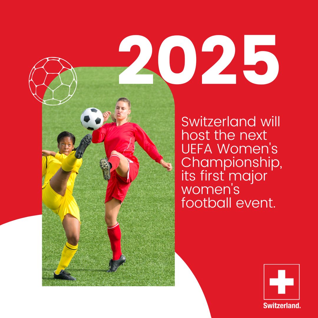 AbtSwitzerland's tweet photo. 📢 Did you know? The Women’s #Euro2025 will take place in Switzerland! ⚽️
Get ready for an exciting tournament with games in these fantastic cities: Basel, Bern, Geneva, Lucerne, Sion, St Gallen, Thun and Zurich. https://t.co/Jdl9J2jrkY