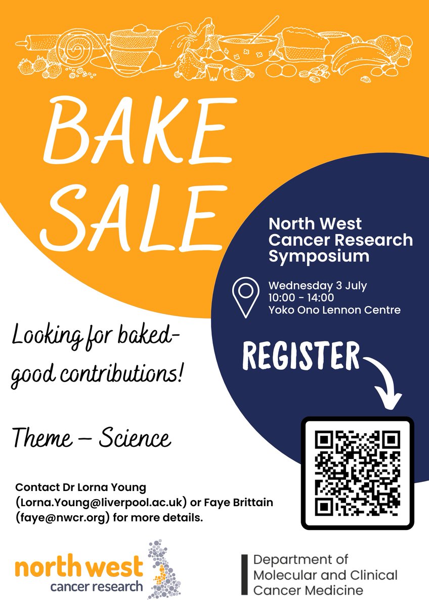 Molecular & Clinical Cancer Medicine (MCCM) (@livunicancer) on Twitter photo We need your help! Can you bake (or try😃)?
As part of the SOLD OUT <a href="/NorthWestCancer/">North West Cancer Research</a> Symposium they'll be a bake sale , contributions are needed! Please DM here or contact Lorna Young (<a href="/drlornayoung/">Lorna Young</a>) 🎂
#cancerresearch We need your help! Can you bake (or try😃)?
As part of the SOLD OUT <a href="/NorthWestCancer/">North West Cancer Research</a> Symposium they'll be a bake sale , contributions are needed! Please DM here or contact Lorna Young (<a href="/drlornayoung/">Lorna Young</a>) 🎂
#cancerresearch