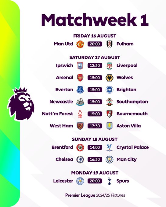 Premier League fixtures for 2024 25 season released as Liverpool and Man Utd learn their fate Premier League SPORTbible