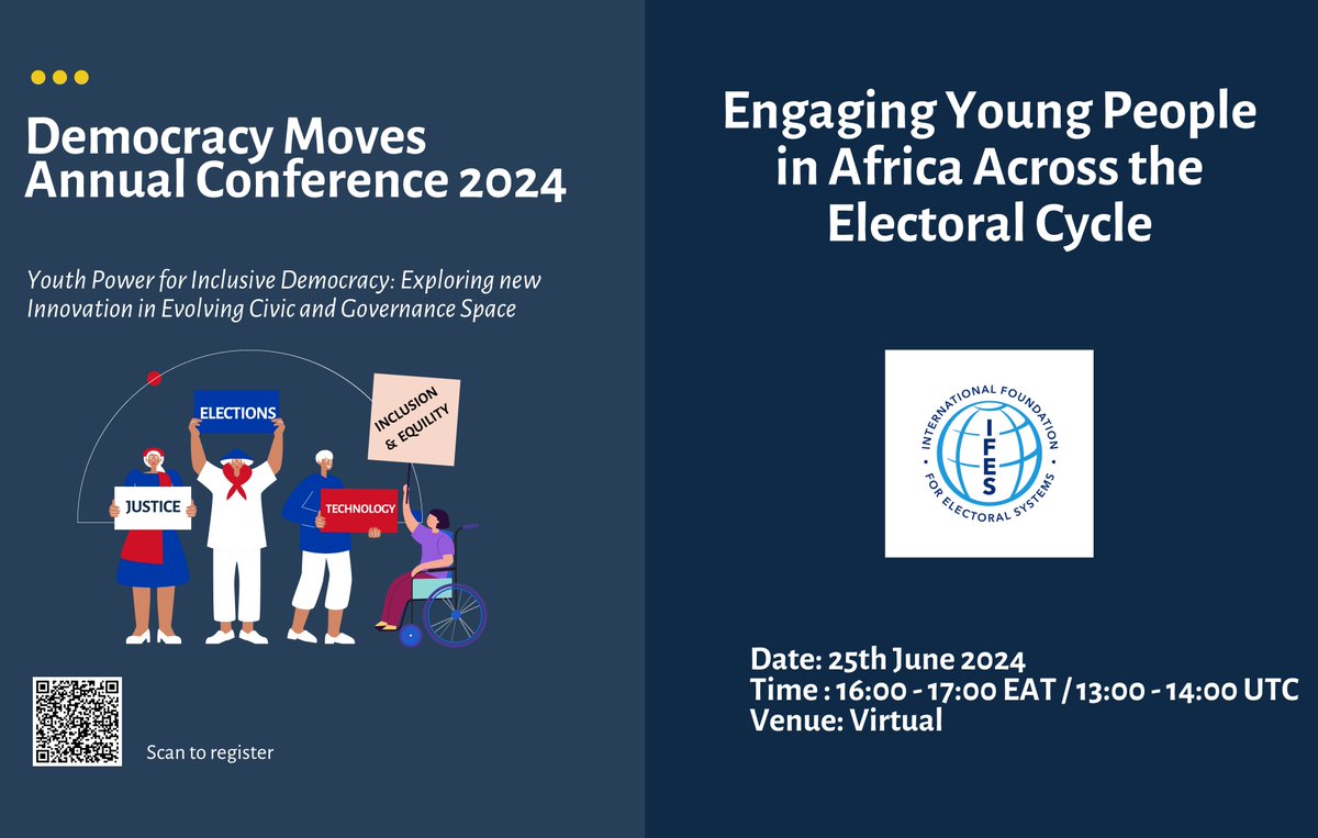 Want your voice heard beyond Election Day? ️

Join <a href="/IFES1987/">IFES</a> side session on June 25th! We'll discuss how young people can stay engaged THROUGHOUT the electoral cycle. ️

Think policy, advocacy, &amp; holding leaders accountable!   
Register now!  rb.gy/d8218b  #Africa