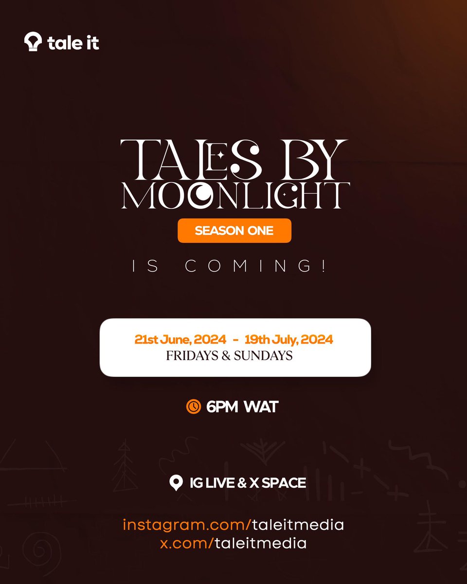 TaleItmedia's tweet photo. You wanted a space designed for business owners to share their stories and ultimately help other entrepreneurs thrive, here it is.
Tales by Moonlight Season 1
An evening rendezvous for you- catch us here Every Fridays and Sundays
6 pm WAT
21st June-19th July
#TaleItMedia https://t.co/kPirXhZvtz