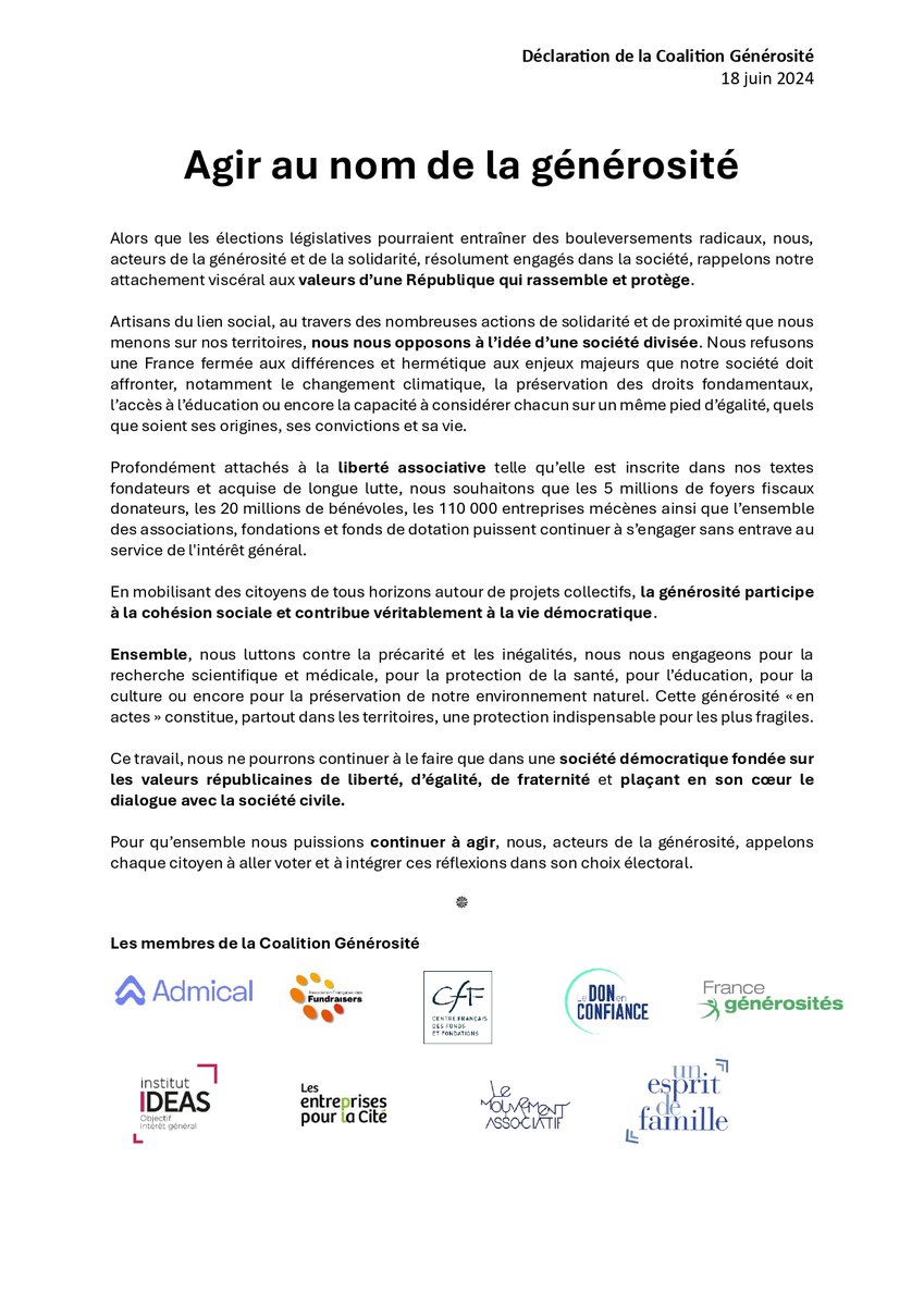 📣« Agir au nom de la générosité », l’appel de la #CoalitionGénérosité à la mobilisation et au vote en vue des #législatives2024 pour préserver le pouvoir d’agir des acteurs de la générosité en faveur de l’intérêt général.

Pour lire notre déclaration 👇
