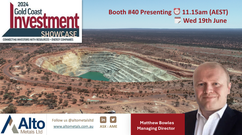 <a href="/AltoMetalsLtd/">Alto Metals Ltd.</a> Managing Director <a href="/mbowlesau/">Matthew Bowles</a> will be presenting Wednesday 19th 11.15am (AEST) at The Gold Coast Investment Showcase. 

Come and visit Matthew at Booth #40 or click the link below to view the presentation online.

goldcoastinvestmentshowcase.com.au/livestreamingr…

$AME $AME.ax

#gold
