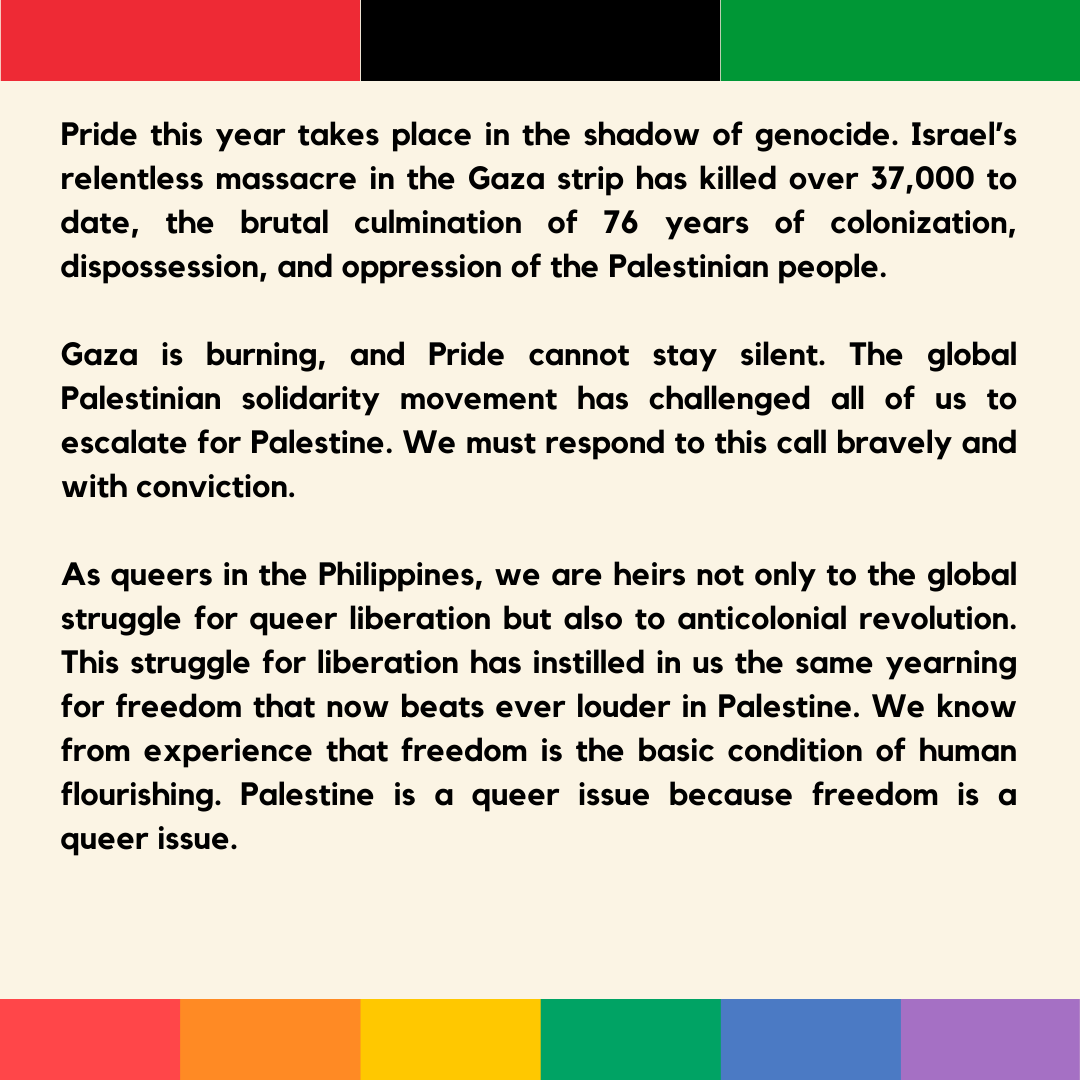 campqueerph's tweet photo. No Pride in Genocide, No Pinkwashing Apartheid!
🇵🇸🏳️‍🌈🏳️‍⚧️

@tfpridePH @mmprideorg https://t.co/GwWJrwLOMF