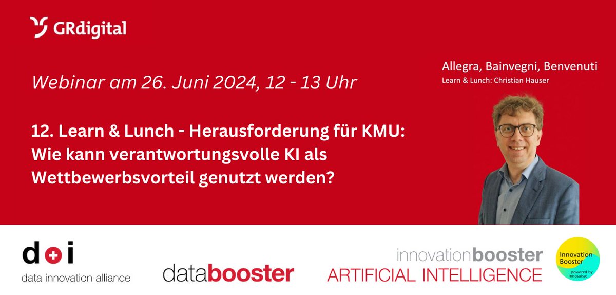 data innovation alliance (@datainnoch) on Twitter photo Entdecke die Chancen verantwortungsvoller KI!
In unserem Webinar mit GRdigital eruieren wir gemeinsam die unternehmerischen Herausforderungen im Bereich verantwortungsvoller KI.
Mehr Infos und Anmeldung unter: grdigital.digital/event/12-learn…
powered by <a href="/Innosuisse/">Innosuisse</a> #swissinnovationbooster Entdecke die Chancen verantwortungsvoller KI!
In unserem Webinar mit GRdigital eruieren wir gemeinsam die unternehmerischen Herausforderungen im Bereich verantwortungsvoller KI.
Mehr Infos und Anmeldung unter: grdigital.digital/event/12-learn…
powered by <a href="/Innosuisse/">Innosuisse</a> #swissinnovationbooster
