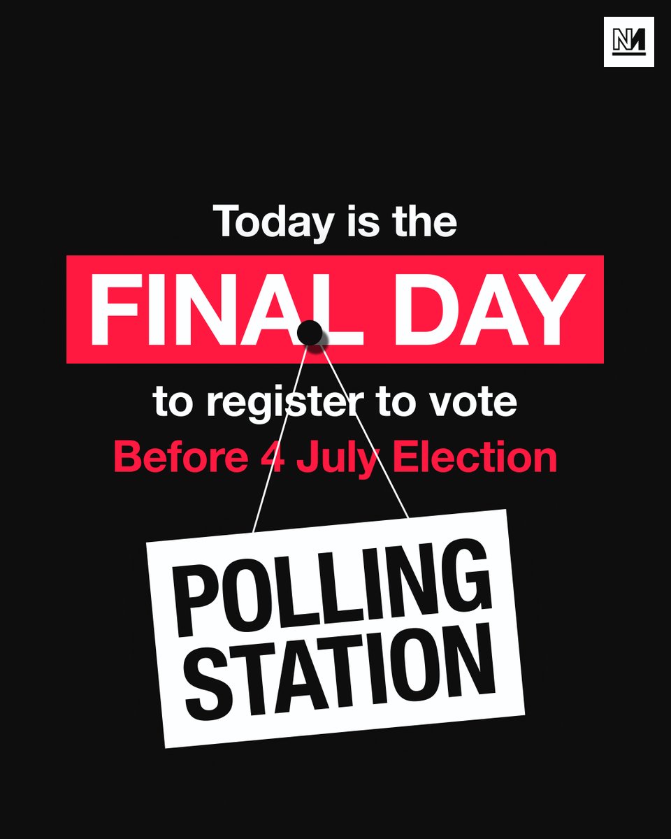 Last chance!!! 🚩

The deadline to register to vote in the general election is 23:59 BST on Tuesday 18 June AKA today. 

📮 Wanting to vote via post? The deadline to apply for a postal vote is 17:00 on Wednesday 19 June.