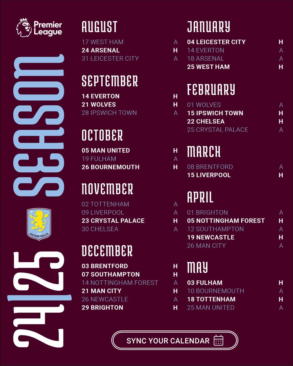 Confirmed: Aston Villa #39 s Premier League fixture list 2024/25 Confirmed: Aston Villa #39 s Premier League fixture list 2024/25