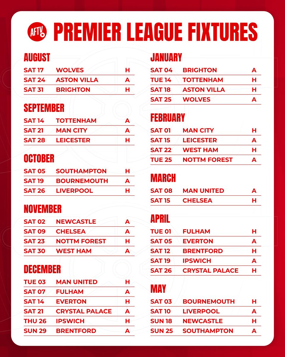Arsenal's fixtures for the 2024/25 Premier League 🗓️

Are you happy with the opening games? 🤔
