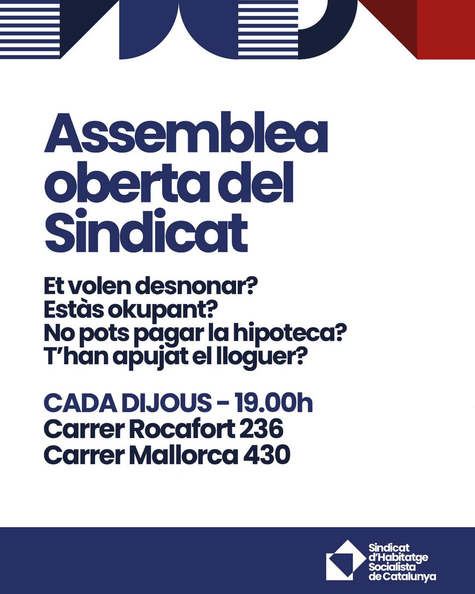 CADA DIJOUS A LES 19H
👉 Eixample Esquerra: C/Rocafort 236
👉 Sagrada Família: C/Mallorca 430

Organitza't amb el sindicat per lluitar per un habitatge gratuït, universal i de qualitat.