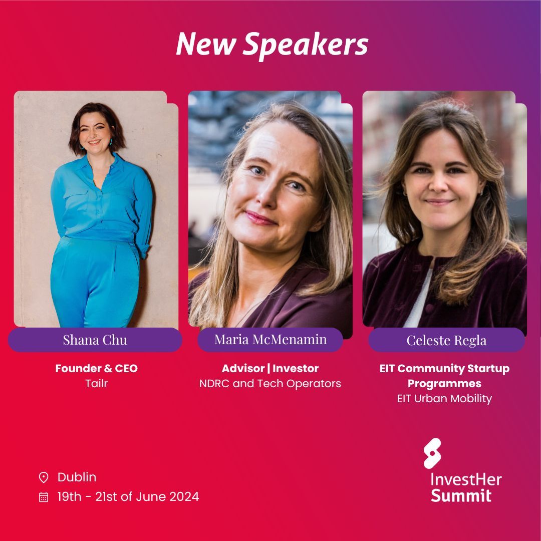 InvestHerSummit's tweet image. ✨ #Speaker Highlights! 👩‍💻 Maria McMenamin: advisor, investor &amp;amp; founder of #TechOperators 🇪🇺 Celeste Regla @EITUrbanMob, supporting female-led startups in mobility &amp;amp; sustainability 🪡 Shana Chu @tailr_ai streamlines production &amp;amp; reduces waste #InvestHerSummit #CommunityIsCapital