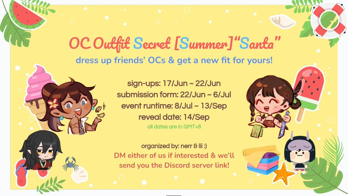 hullo :] long time no see... Lii &amp; I are hosting a (very small) outfit design exchange over this summer! All are welcome, just DM myself on here (twt) or reach out on Discord if interested 🌞💖🌈