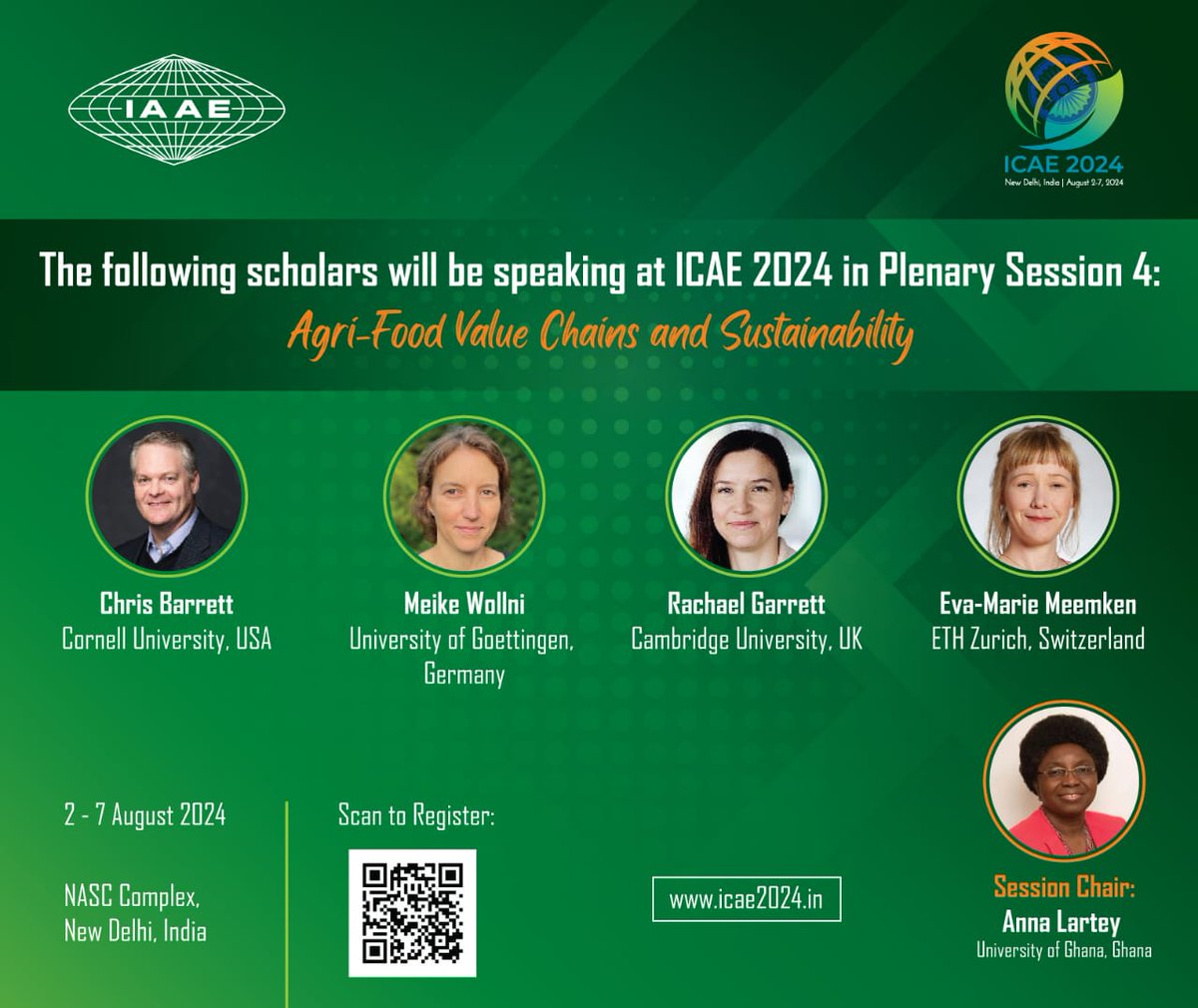 Int. Association of Agricultural Economists (@iaaeagecon) on Twitter photo 46 days to #ICAE2024:
Mark your diary for Plenary 4 on Agri-Food Value Chains & Sustainability, which will be chaired by Anna Lartey.
The session will feature <a href="/cbb2cornell/">Chris Barrett</a>, <a href="/MWollni/">Meike Wollni</a>, @rach_garr, <a href="/EvaMeemken/">Eva-Marie Meemken</a>.
Our program Chair <a href="/MatinQaim/">Matin Qaim</a>, invites all to <a href="/icae2024/">icae2024</a> #MeetInDelhi 46 days to #ICAE2024:
Mark your diary for Plenary 4 on Agri-Food Value Chains & Sustainability, which will be chaired by Anna Lartey.
The session will feature <a href="/cbb2cornell/">Chris Barrett</a>, <a href="/MWollni/">Meike Wollni</a>, @rach_garr, <a href="/EvaMeemken/">Eva-Marie Meemken</a>.
Our program Chair <a href="/MatinQaim/">Matin Qaim</a>, invites all to <a href="/icae2024/">icae2024</a> #MeetInDelhi
