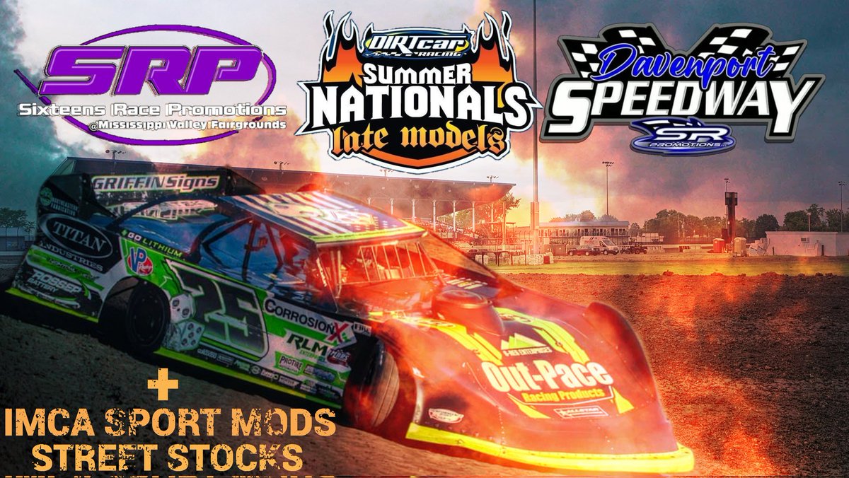 SixteensRacePro's tweet photo. 🟣 It is RACEDAY the @DIRTcarRacing @SummerNationals at Davenport Speedway presented by @SixteensRacePro. Catch the BEST Late Model drivers in the midwest battle it out at the historic Iowa oval alongside @IMCA_racing Sport Mods and Street Stocks 🟣 https://t.co/fXZMFKJfHg