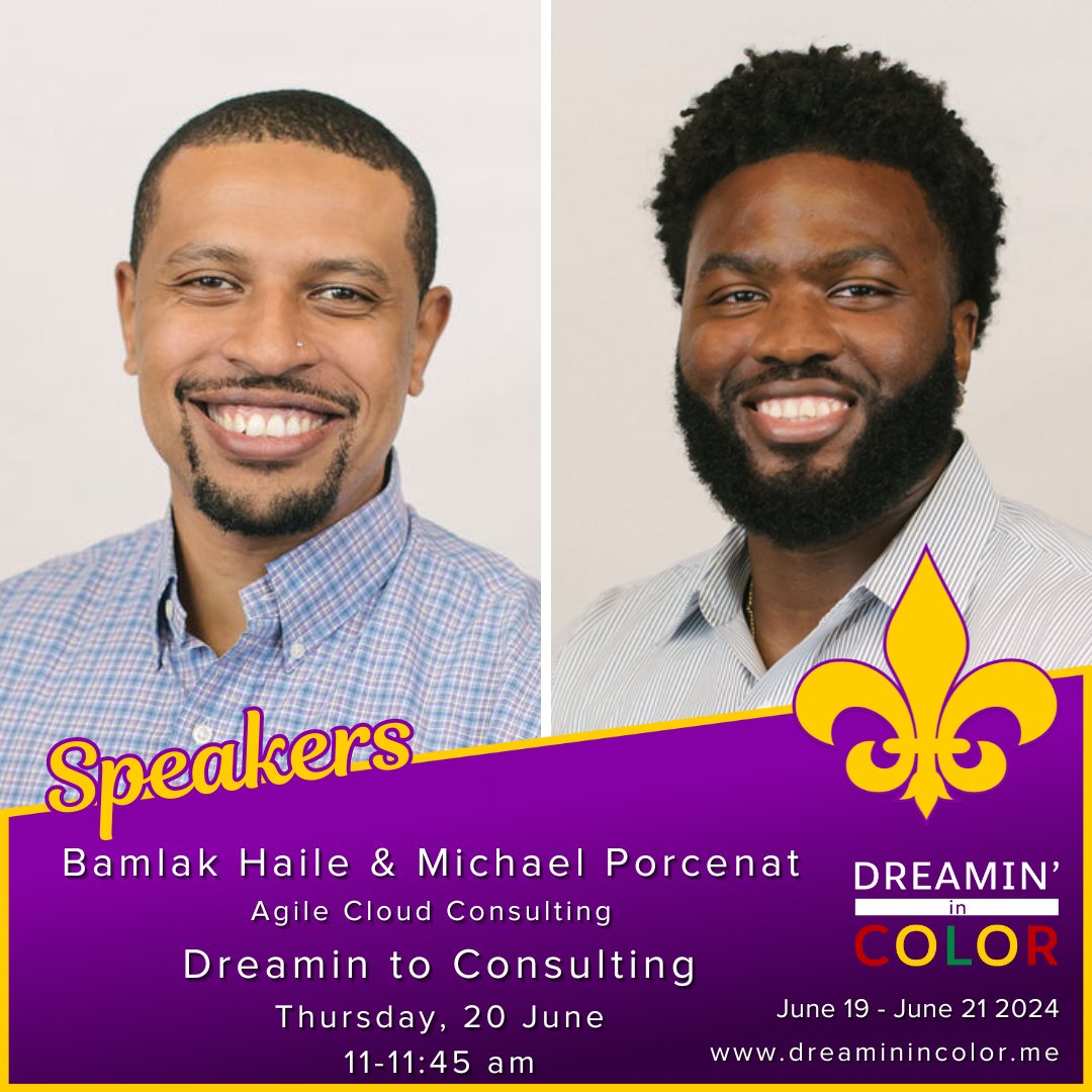Don't miss <a href="/kalmab4/">Bamlak Haile</a> and <a href="/MichaelPorcenat/">Michael J. Porcenat</a> at <a href="/dreamincolorsf/">Dreamin' In Color</a> on Thursday, 20 June, at 11 am. These two hashtag#brilliantbeautifulbold humans share their journey and how attending the first  #dreaminincolor made the journey to <a href="/agilecloudcons/">Agile Cloud Consulting☁️</a> possible.