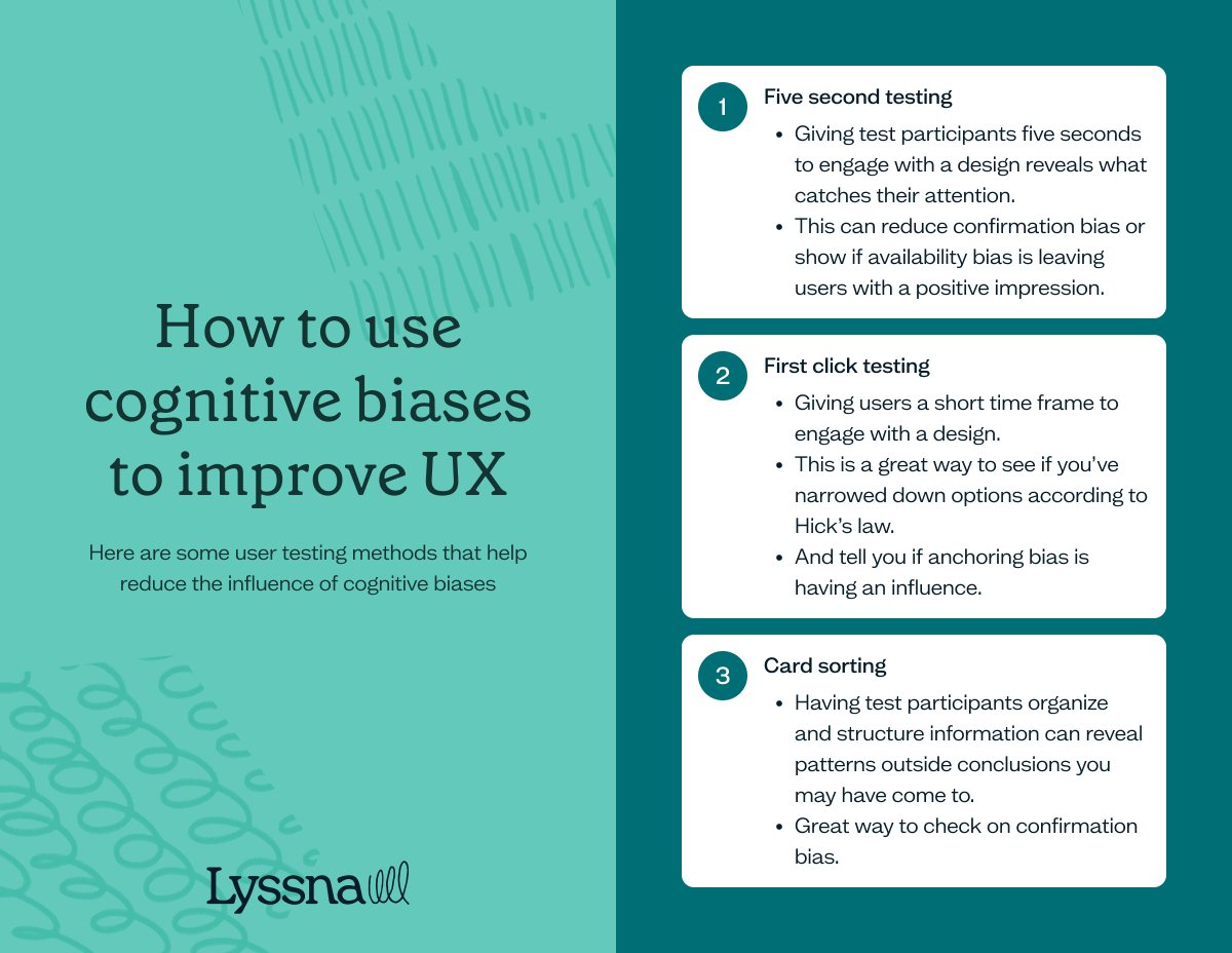 WeAreLyssna's tweet photo. ✨ Step outside your preconceptions and serve your users better in a more objective way ✨ These user testing methods that can lessen the influence of cognitive biases.

#UX #UserExperience #CognitiveBias #uxdesign #UserTesting #FiveSecondTest #FirstClickTest #CardSorting #lyssna https://t.co/OyeUxMOjLq