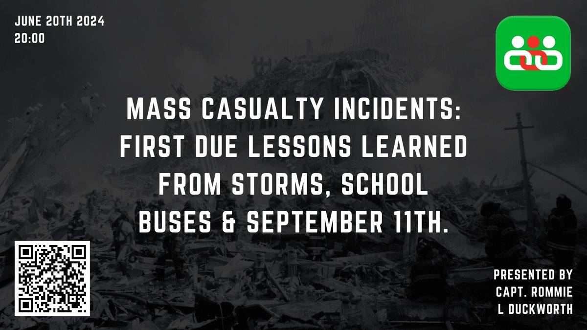 This Thursday, we welcome Capt. Duckworth, from the USA to Trauma Care for "Mass Casualty Incidents: First Due Lessons Learned from Storms, School Buses &amp; September 11th". 

8pm BST/1pm EDT

Secure your spot: zoom.us/webinar/regist… 

#TraumaCare #CPD #FOAMed #MedED
