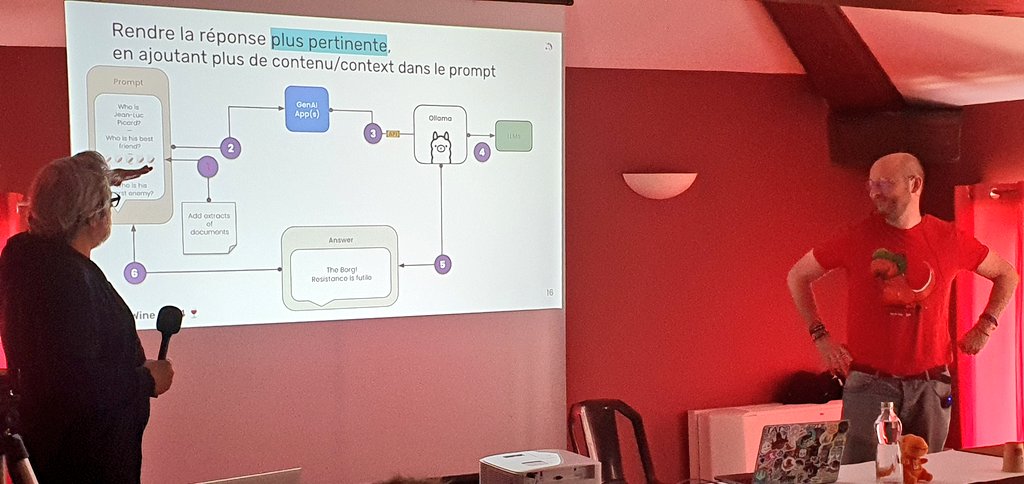 Deuxième sujet de l'après-midi, à la track #DevOps de #TechAndWine

🤖 Toi aussi fait du #DevGenAIOps ♾️ par <a href="/yodamad03/">👨🏻‍💻 Mat V.</a> &amp; <a href="/k33g_org/">🖤 Ph. Charrière 🦋 k33gorg 💜 #wasm 💙 #brompton</a>

And remember Resistance is futile 😉

#TechNWine #IA #StarTrek #Ollama #RAG #AI #LiveDemos