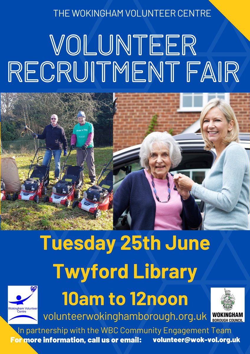 Only a week to go until our Volunteer Fair at the new Twyford library. Come along on Tuesday 25th 10am-12pm and meet local charities! <a href="/ABCtoread/">ABC to read (Assisting Berkshire Children)</a> <a href="/ageconcerntwy/">Age Concern Twyford</a> <a href="/twyford_pc/">Twyford PC</a> and more