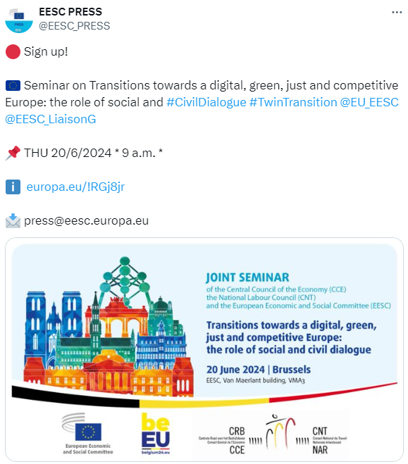 📢 Seguite di persona o a distanza!

📡 L'importanza del #DialogoSociale #DialogoCivile nella transizione verso un'Europa #digitale #verde #giusta e #competitiva 🇪🇺 @EESC_LiaisonG

📺 Giovedì 20 giugno a partire dalle 9!  

📄 europa.eu/!RGj8jr

✏️ press@eesc.europa.eu