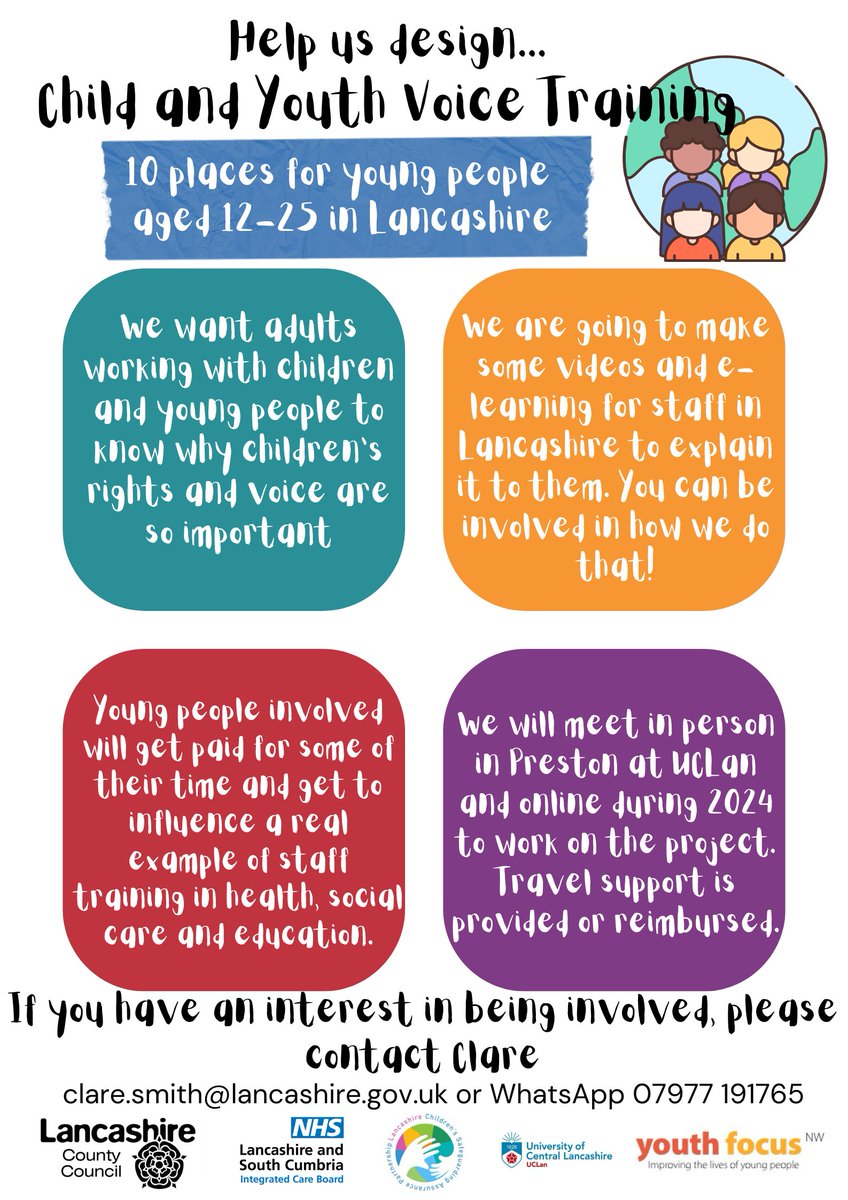 Lancashire Child and Youth Voice (@lancscypvoice) on Twitter photo 📢We would love if you could share this opportunity for young people in Lancashire to join us,
<a href="/LSCICB/">Lancashire and South Cumbria ICB</a>,
@YouthFocusNW,
@UCLan and
<a href="/CSAP_LSAB/">CSAP & LSAB</a>
in creating training for practitioners on the #LundyModel and the importance of child voice - excited to get started very soon! 📢We would love if you could share this opportunity for young people in Lancashire to join us,
<a href="/LSCICB/">Lancashire and South Cumbria ICB</a>,
@YouthFocusNW,
@UCLan and
<a href="/CSAP_LSAB/">CSAP & LSAB</a>
in creating training for practitioners on the #LundyModel and the importance of child voice - excited to get started very soon!