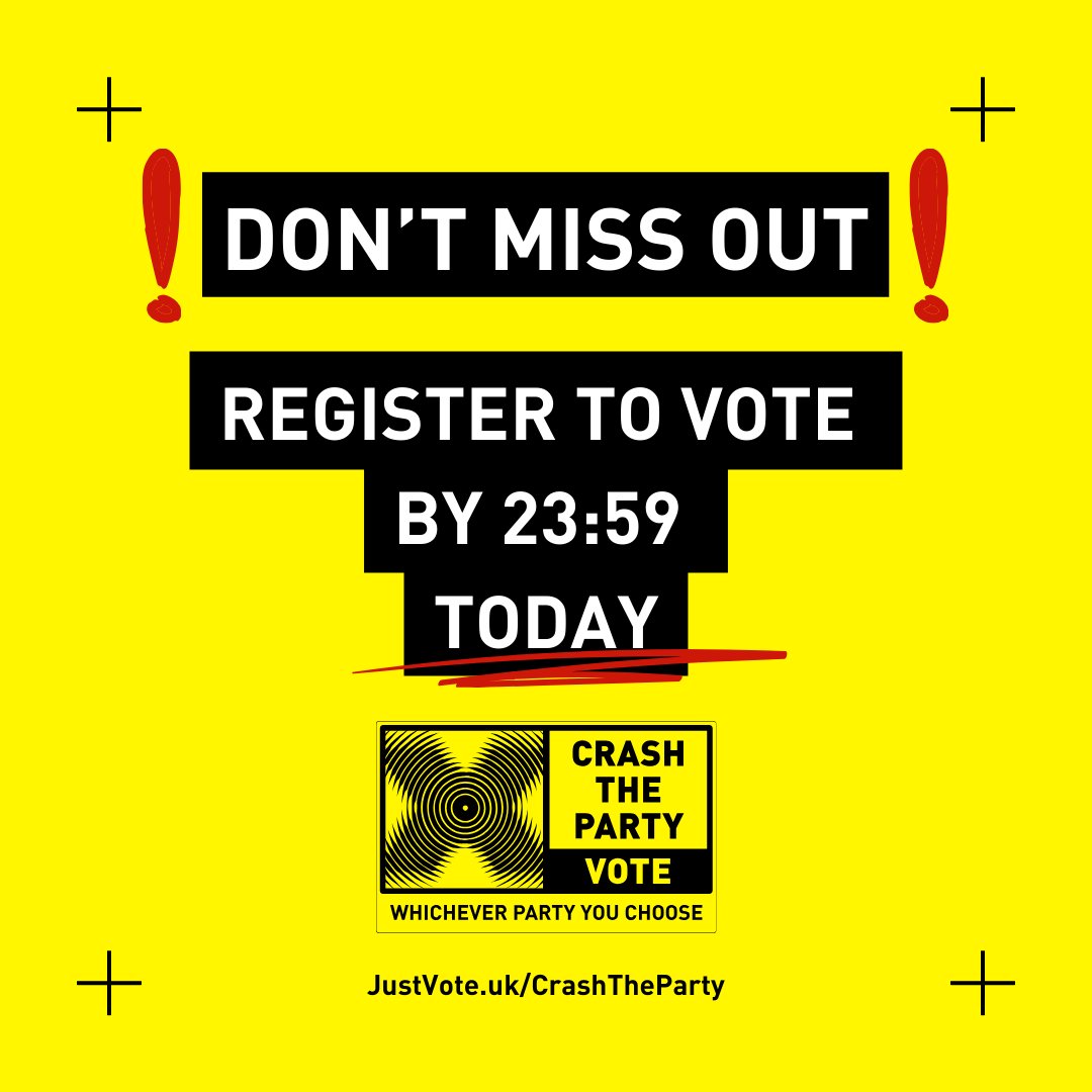 DEUXFURIEUSES's tweet image. You have till 11.59pm tonight to register to vote or be silenced on the 4th July. Head to gov.uk/register-to-vo…
Use your superpower!
@JustVote24 ✊

Head to justvote.uk/crashtheparty to enter the Reading &amp;amp; Leeds Festival ticket competition.