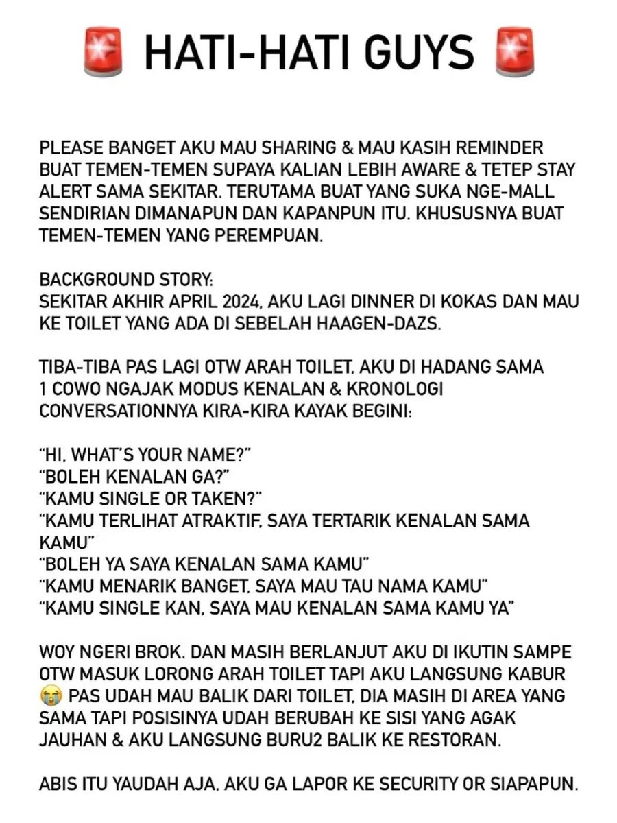 Be careful❗️
Untuk yang suka nge-mall sendirian.
Semoga temen² selalu aware + stay alert dimanapun dan kapanpun kalian berada ya.

Jangan sampai kejadian ini terjadi di kalian juga!!
