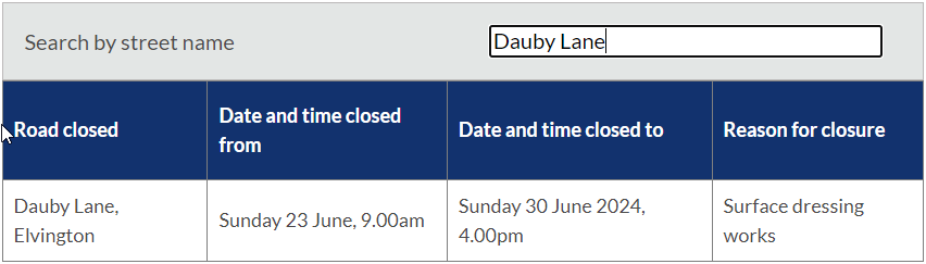 Hi <a href="/CityofYork/">City of York Council</a> &amp; <a href="/northyorksc/">North Yorkshire Council</a>, for the planned work and closure on Dauby Lane, Elvington (SH01247176919), the sign on the road says 2 days,  one of your sites says 30th June, and the other says 14th July - please could you let me know which is correct?
