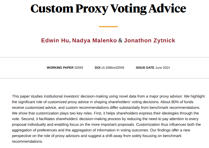 Institutional investors rely heavily on customized recommendations from proxy advisors. Customization helps funds express their ideologies and allocate attention effectively, from <a href="/_edwinhu_/">Edwin Hu</a>, <a href="/nmalenko/">Nadya Malenko</a>, and Jonathon Zytnick nber.org/papers/w32559