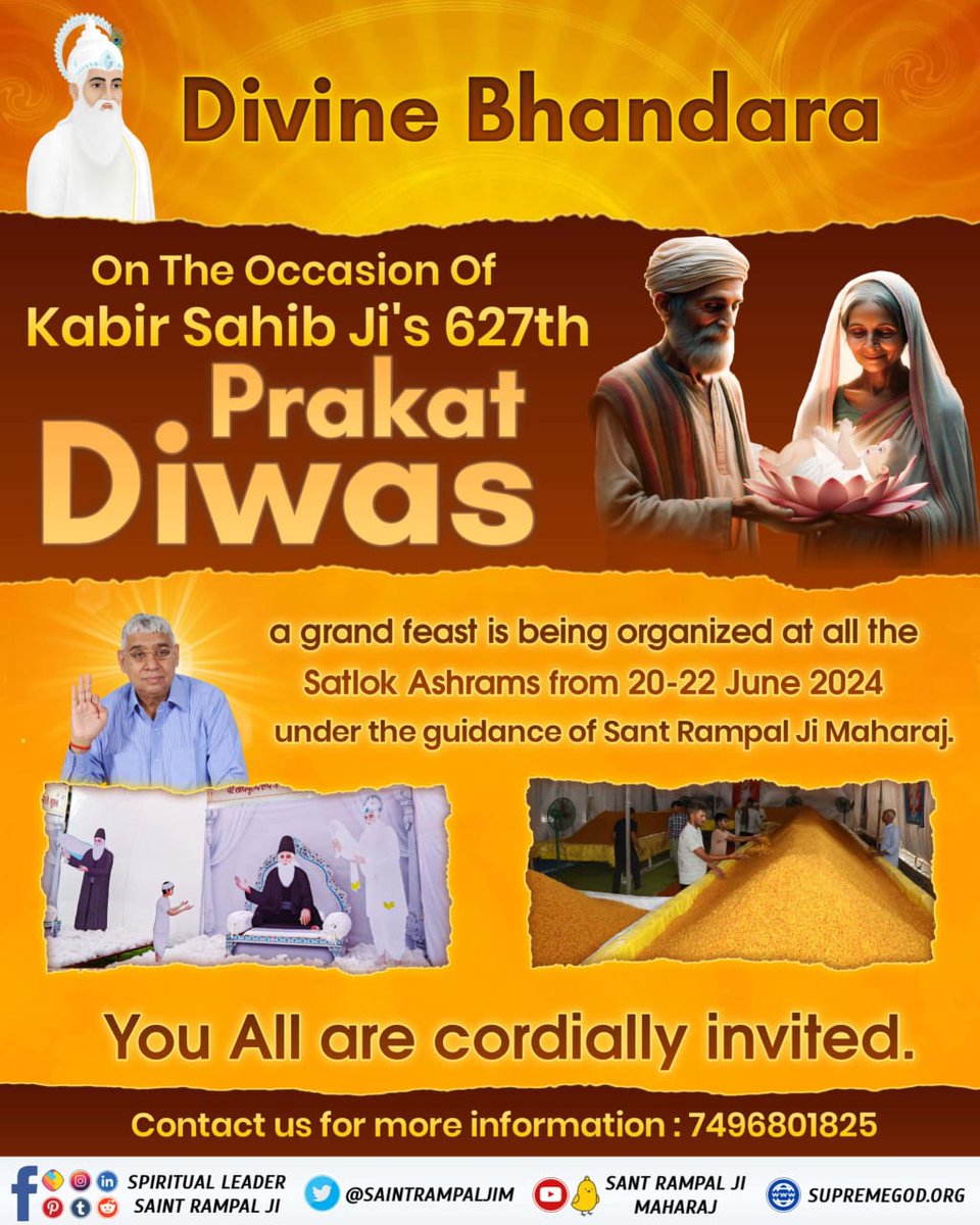 kk_soni_'s tweet photo. #धर्म_का_नाश_नहीं_होता
On the 627th manifestation day of Kabir ji, a huge Bhandara organized in the presence of Sant Rampal Ji Maharaj ji will be organized in all Satlok Ashrams on 20-21-22 June 2024. You all must come with your family. https://t.co/WpFsHw6xHr