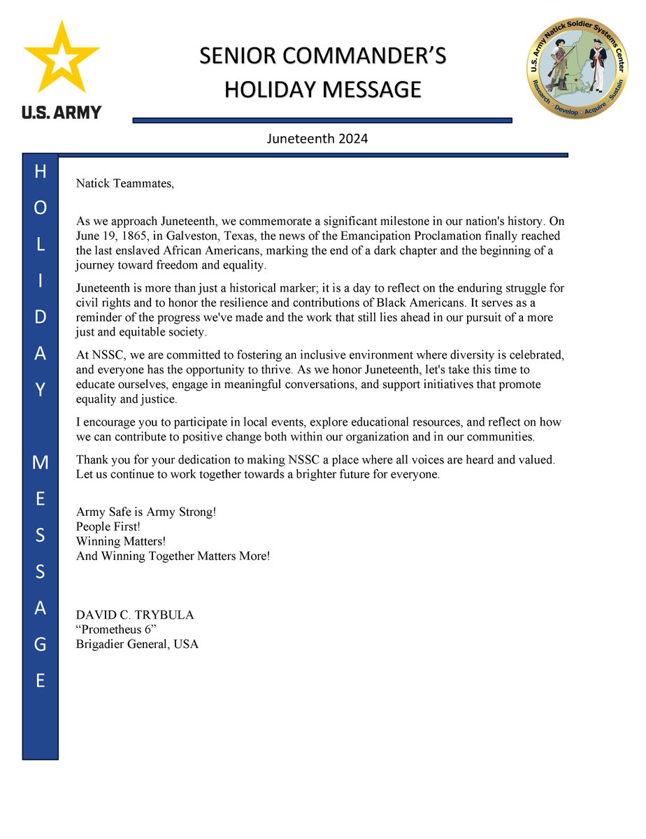 As we approach Juneteenth, we commemorate a significant milestone in our nation's history. 
#naticksoldiersystemscenter  #Juneteenth #USArmy  #MakingADifference