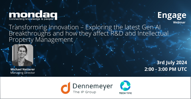 Mondaq's tweet photo. Not to be missed! An upcoming Mondaq webinar from Dennemeyer: Transforming Innovation – Exploring the latest Gen AI Breakthroughs and how they affect R&amp;D and Intellectual Property Management.

Register NOW for FREE expert insights on 3 July 2024: https://t.co/GDXbMD82GK https://t.co/Cm993ZwKXn